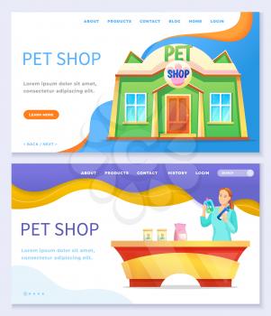 Collection of pet shop website or webpage template. Store for animals, exterior facade of building and seller at counter. Landing page with information of business and header, vector in flat style