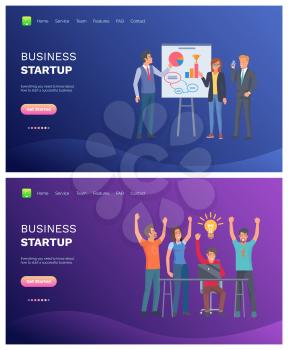 Business startup vector, presentation and presenter showing ideas and diagrams infographics and schemes, charts successful team working together. Website or webpage template, landing page flat style