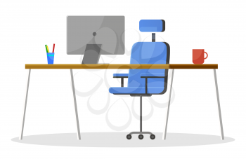 Wooden table and chair, furniture. Electronic device, computer for work and study. Modern design of workspace at home or office. Plant cactus and books on desk. Vector illustration of workplace in flat