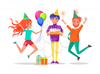 Guy with cake and friends in festive hats with sparkles and balloons, birthday party vector. Gifts or presents and candles, celebration and anniversary