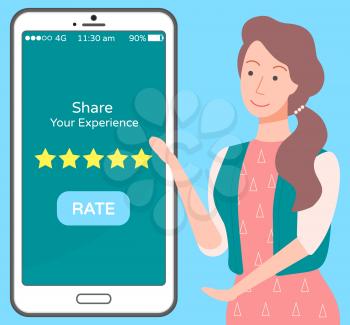 Presentation of phone vector, female character pointing on smartphone with rating stars and website button. Application presented by lady woman flat style