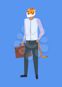 Man with tiger head and tail, holding briefcase isolated on blue. Vector hipster animal, metaphor costume, unidentified businessman cartoon character