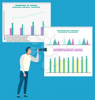 Person conducting business research vector, man with charts and information on screen. Visual representation of info data, message sign and cogwheel. Businessman using instrument for data analysis