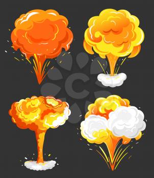 Collection of eruptions and explosions, isolated icons for game design. Blazing elements with smoke, energy blazing. Flames and fumes, fiery balls. Abstract spheres vector in flat style illustration
