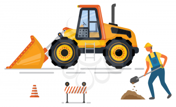 Digger with shovel, cone and barrier, yellow backhoe. Machine with scoop, worker digging, construction equipment, earthmover and road technology vector