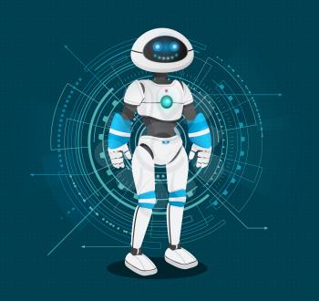 Robotic creature with artificial intellect. Humanoid similar to human body. Robot with face and hands. Futuristic mechanism, android or cyborg with abstract circles on background, vector in flat