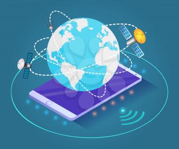Mobile phone as platform for planet with lines and satellites. Orbits around globe with spaceships. Cellular communication and connection. Internet service or network worldwide, vector isometric