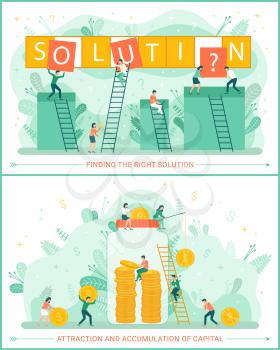 People working together vector, accumulation of capital and money financial assets. Solution of business problem. Man and woman on ladders foliage