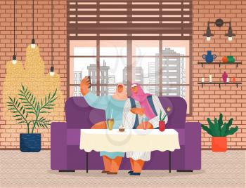 Two ladies drink coffee and eat cupcakes. Muslim women takes photo, selfie. Soft violet couch and table, place for relax in cafeteria. Homelike interior and city view in window. Vector illustration
