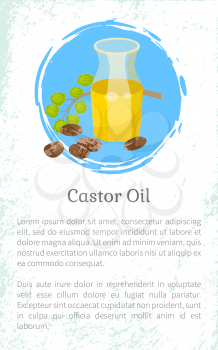 Castor oil info poster, jar with poured oily essence from seeds of ecological element for cosmetics. Hair growth and treatment, skincare and body care. Container with lotion for massage, vector