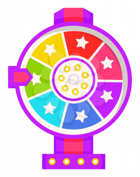 Fortune wheel with pointer, stars and dots, casino gambling game icon. Vector slot machine in flat style design. Vegas entertainment device, betting concept