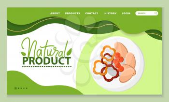 Natural products and organic meal. Dishes of fresh ingredients. Bell pepper and meat served on plate. Veggies for vegetarians. Website or webpage template, landing page, vector in flat style
