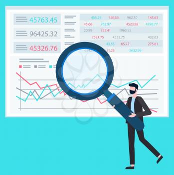 Page with information charts and stats vector, broker wearing formal suit exploring data with magnifying glass. Male examining info on board, numbers