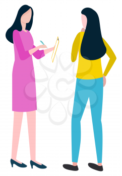 Business development, businesswomen cooperation and teamwork, management vector. Woman with notepad, isolated characters, office workers, entrepreneurs