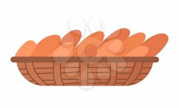 Baked food in woven basket, isolated loaf of bread and buns. Pastry meal with crust made of dough, organic ingredients. Bakery shop assortment, homemade snacks for dinner. Vector in flat style