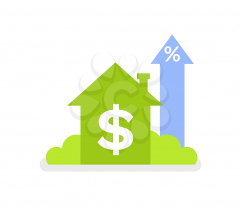 Dollar sign and house vector, isolated icon of building with money symbol and raising arrow profitable field with growing benefit on market flat style