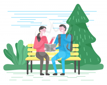 People spend leisure time sitting on wooden bench in park or forest. Students talk and discuss about book. Man and woman hold textbook in hands and read it. Vector illustration in flat style