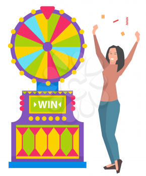 Winner woman with rising hands standing near roulette game machine, colorful wheel. Luck player and fortune equipment, successful lottery, casino vector