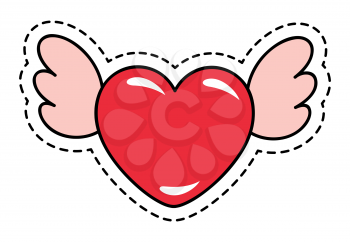 Greeting postcard with valentines day, love in air. Holiday for lovely couples on 14th of february. Simple red heart shaped sticker with wings. Vector closeup illustration of drawing in flat style