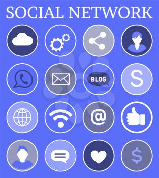 Social network, poster with isolated icons of globe, message mobile phone set. Gears and clouds, dollar and profile of person, wifi connection vector