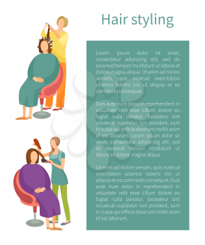 Hair styling treatment poster with text sample set vector. Hairdresser making wavy curly hairstyle, stylist with dryer in hands. Woman style haircut