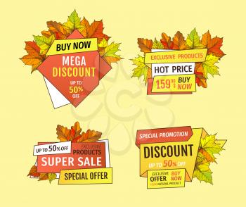 Promotional labels with maple leaves, oak foliage color autumn symbols on advert tag. Exclusive offer only one day on Thanksgiving special final price