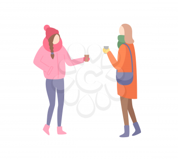 Woman friends talking discussing problems at street vector. Cold weather outdoors female girlfriends wearing warming clothes hats and jackets trousers