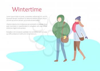 Wintertime cold season, couple walking on ice vector. People carrying handbags and sacks, wearing warming clothes. Winter seasonal frosty weather