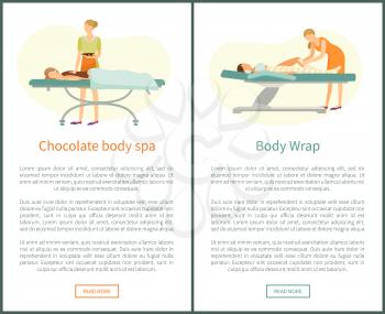 Chocolate body spa and legs wrap done by experienced cosmetician in spa salon vector web online posters. Procedure of wrapping to get rid of cellulite