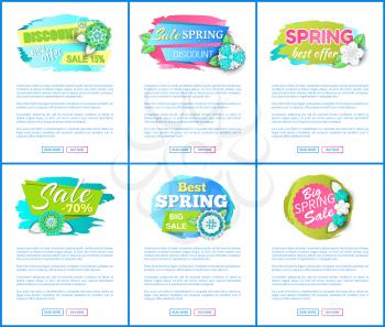 Shop clearance labels on vector web posters. Springtime blooming flowers, big sale offer, discounts 15 and 70 percent off on brush strokes, advertisement cards