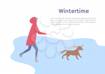 Running girl with pet in wintertime. Woman keeping brown dog on leash and dressing in pink jacket with hood and hat, in jeans and ugg-boots vector