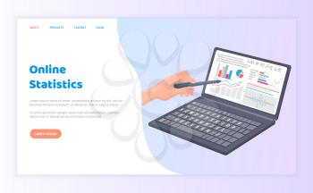 Online statistics business visualization of information vector. Data representation, person showing results of finance activity, graphs laptop screen. Website template, landing page in flat style