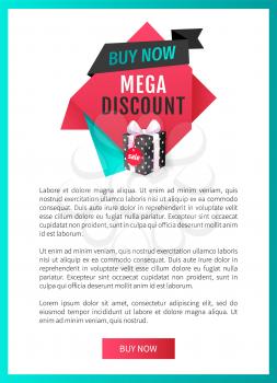 Buy now, mega discount best offer, sale label web page template vector present and bow. Special promotion of shop to purchase store items and get gift