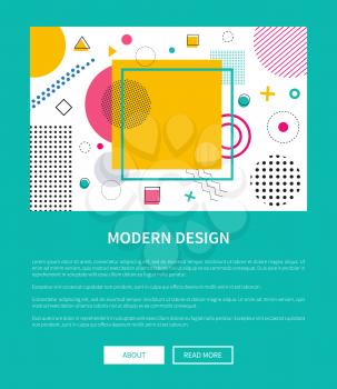 Modern design of landing page with geometric figures of different shapes, random dots formed in squares and circles vector web poster with buttons