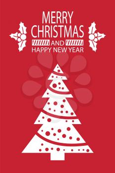 Merry Christmas and Happy New Year postcard with tree icon in linear style with garlands and snowflakes vector in flat simple design isolated on red