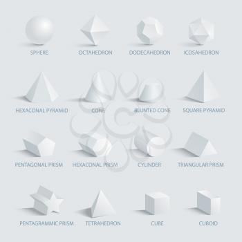 Sphere and octahedron, different geometric shapes with shades and headlines placed below images, icons on vector illustration isolated on white