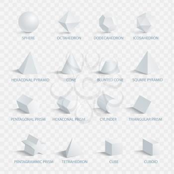 Geometric 3D shapes with names vector illustration set isolated on transparent background. Collection of geometry figures in three dimensional shape