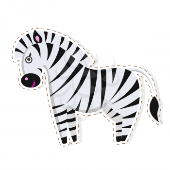 Cute funny striped black white horse zebra vector flat cartoon sticker or icon outlined with dotted line isolated on white. Wild animal illustration for game counters, price tags