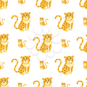 Seamless pattern of cute funny jaguar or leopard vector flat cartoon sticker or icon outlined with dotted line isolated on white. Wild animal illustration for game counters, price tags