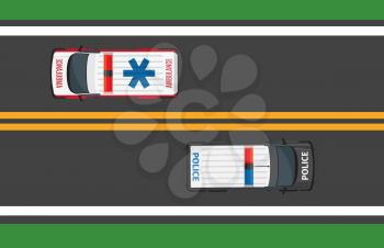 Top view of driving ambulance and police autos in opposite directions. Asphalt black road with double yellow stripe and two special vehicles. Vector illustration of traffic on roadway in flat style