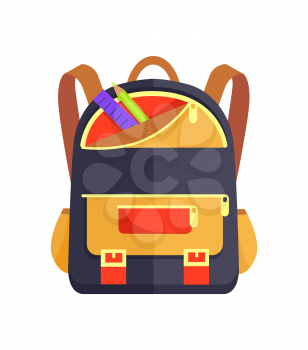 Backpack for child with school stationery accessories pencils and ruler in back pocket vector isolated. Backpack in black, beige and red colors
