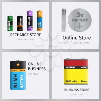 Recharge online business store elements banners set. Powerful batteries for electronic units with various power capacity. Energy replenishment appliances vector. Galvanic device for power charge.
