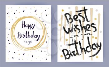 Happy Birthday best wishes colorful congratulation on set of two light posters with gratters in round frame surrounded by doodles and confetti