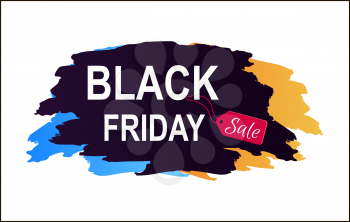 Black Friday sale inscription on color brush strokes and sale tag on rope vector calligraphic label with text sign isolated on white background