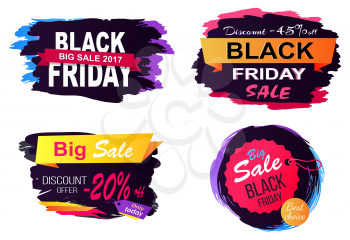 Black Friday big sale 2017, discount -45 off, collection of stickers with text placed in rectangles and circle vector illustration