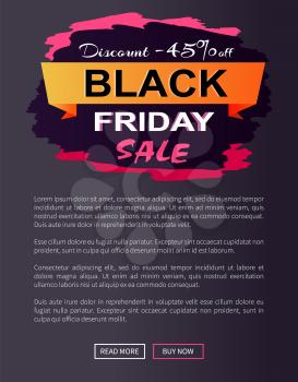 Discount -45 off Black Friday sale promo label inscription informing about special offer, commercial web banner with text, price reduction vector poster