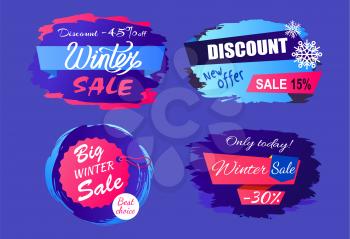Big winter sale discount - 45 off new offer -15 only today -30 hanging round tag set of labels with brush strokes vector isolated on blue background
