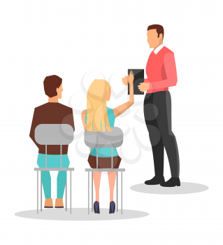 Business training, boss and employees sitting in front of him, blonde woman with raised hand ready to give her question vector illustration