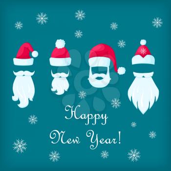 Happy New Year poster of Santa Claus caps, white moustaches and beards on blue background with snowflakes. Types of Santa festival accessory attributes in cartoon design flat style vector illustration