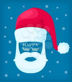 Happy New Year Santa Claus moustache, white beard and cap on blue background with snowflakes. Vector editable illustration with cartoon Christmas elements for festive design. Add your face